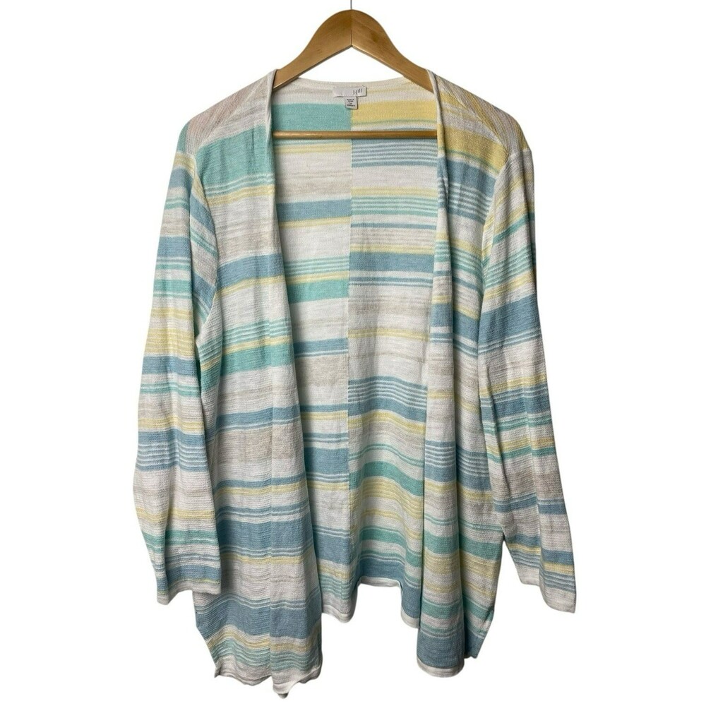 J Jill 2X Cotton Open Front Cardigan Aqua Yellow Striped Coastal 100% Cotton